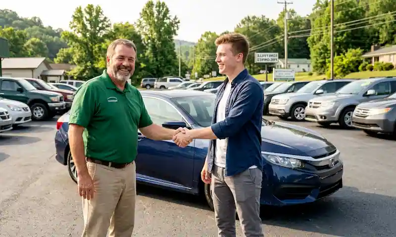  Buy here pay here auto dealer helping a credit-challenged buyer with in-house financing