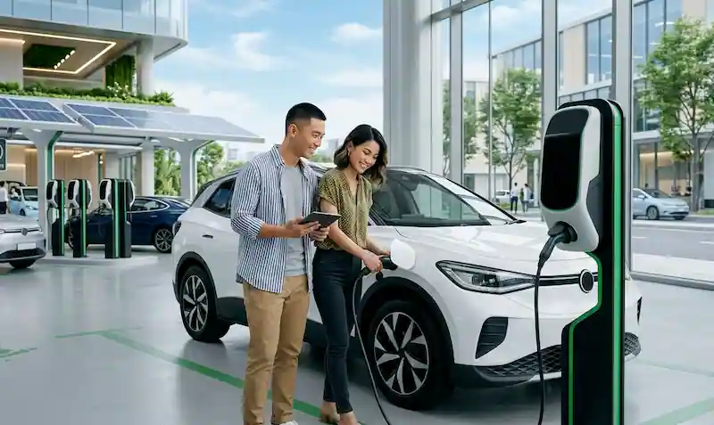 Consumer charging an electric vehicle at an EV dealership near her