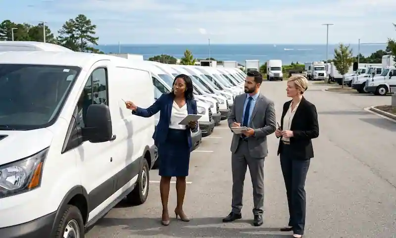 Business professionals reviewing fleet vehicles at a commercial auto dealership