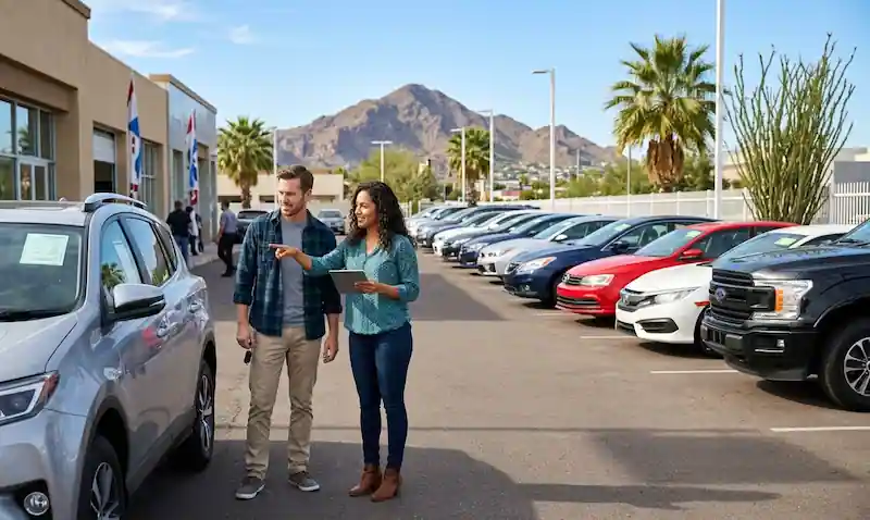 Consumers browsing a local independent used car dealership lot