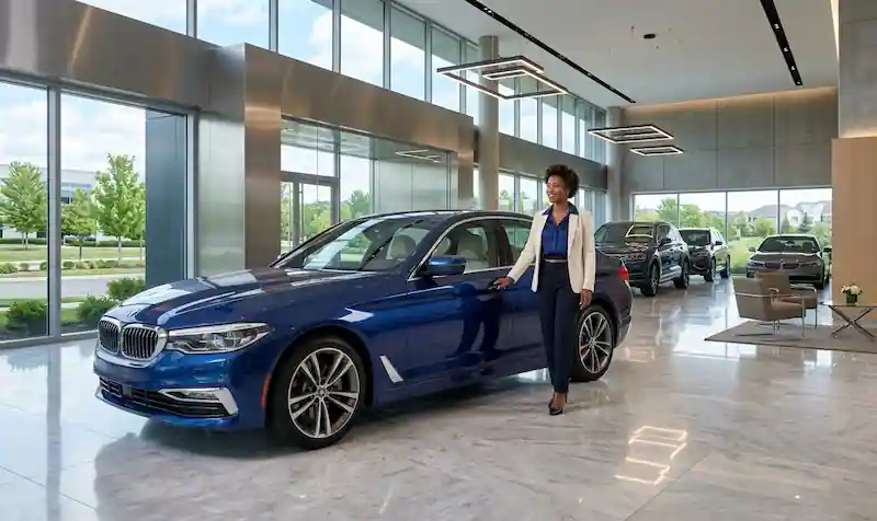 Luxury auto dealership showroom with high-end vehicles