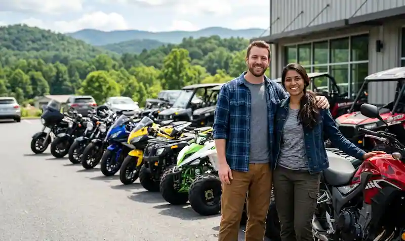 Couple shopping for motorcycles and powersports vehicles at a local dealership