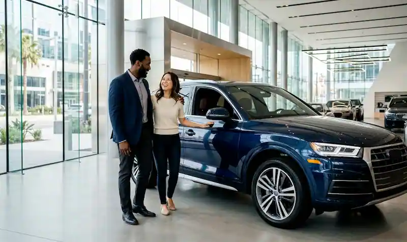 New car franchise dealership showroom with couple looking at new SUV