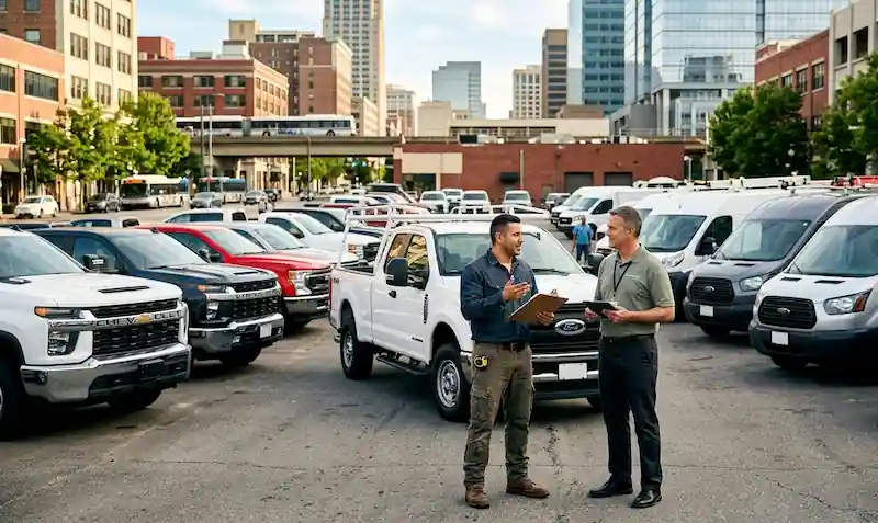 Contractor shopping for trucks and commercial vehicles at a local dealership